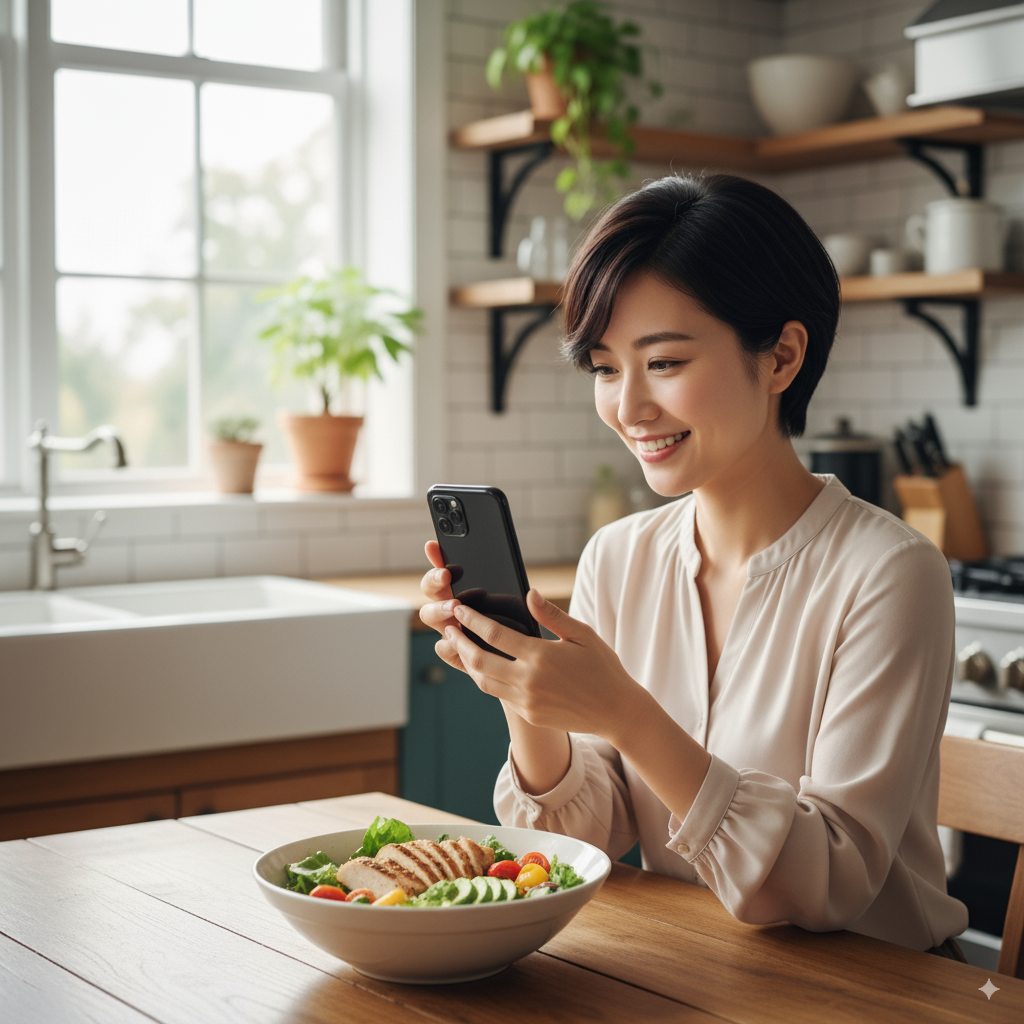 スマートフォンに表示された食事プランと健康的な料理のイメージ